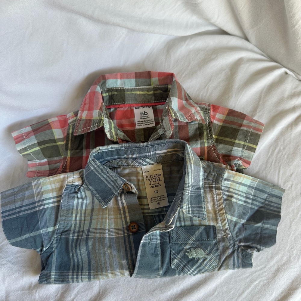 Carter's Baby Boy Plaid Shirt Size Newborn Short Sleeve Bundle Set of 2
